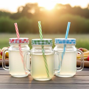 Retro-Trinkgläser mit buntem Deckel, Henkel und Trinkhalm: Ein 3er-Set für Limonade, Eistee, Cocktails & Smoothies – Vintage-Style