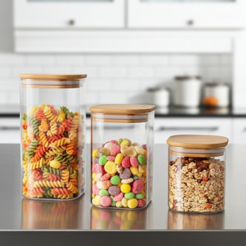 Vorratsgläser-Set mit Deckel aus Bambus, 3 Grössen: Eine elegante Aufbewahrung für Küche – Aromasicher & Platzsparend frischhalten!