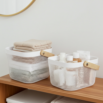 Preview: Lot de 2 paniers en métal blanc avec poignées en bois – rangements élégants pour cuisine et salle de bain – pratiques et décoratifs