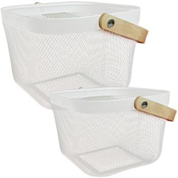 Preview: Lot de 2 paniers en métal blanc avec poignées en bois – rangements élégants pour cuisine et salle de bain – pratiques et décoratifs