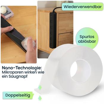 Preview: Doppelseitiges Nano-Klebeband Transparent (5m x 50mm): Starke 110g/cm² Haltekraft, Wiederverwendbar, spurlos ablösbar