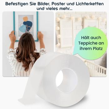 Preview: Doppelseitiges Nano-Klebeband Transparent (5m x 50mm): Starke 110g/cm² Haltekraft, Wiederverwendbar, spurlos ablösbar
