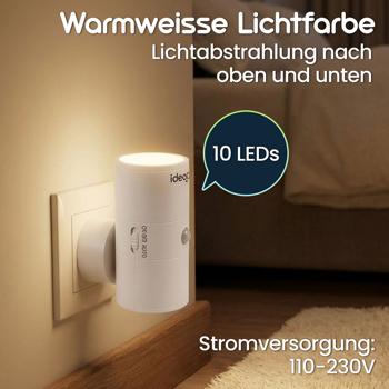 Preview: Steckdosen-Nachtlicht dimmbar mit PIR- & Dämmerungssensor – Intelligente Steckdosenlampe mit Bewegungsmelder, 10 LEDs für Flur & Schlafzimmer