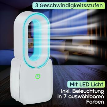 Preview: Mobiler Rotorloser Tischventilator (Weiss) mit LED Licht & Akku: Sicher, leise & kabellos für angenehme Kühlung