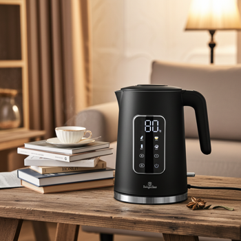 Preview: Eleganter 1,7L Edelstahl-Wasserkocher: 2200W, modernes Touch-Display, 4 Stufen, 360°, matt schwarz-roségold – schnelles & stilvolles Wasser kochen