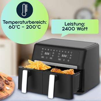 Preview: Premium Dual-Zone Heissluftfritteuse, Doppelkorb, 2x 4,5 l, inkl. Silikonformen - Air Fryer, 11 Kochprogramme, LED Touch Display, starke 2400W 
