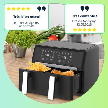 Preview: Friteuse à air chaud Premium Dual-Zone, double panier, 2x 4,5 l, moules en silicone inclus - Air Fryer, 11 programmes de cuisson, écran tactile LED, puissant 2400W 
