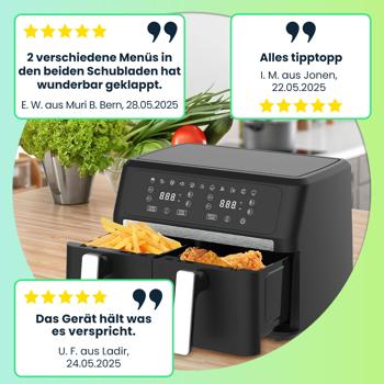 Preview: Premium Dual-Zone Heissluftfritteuse, Doppelkorb, 2x 4,5 l, inkl. Silikonformen - Air Fryer, 11 Kochprogramme, LED Touch Display, starke 2400W 