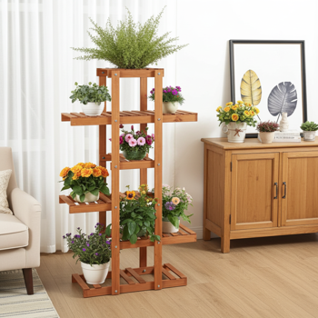 Preview: Blumenregal 5-stöckig - Eleganter Pflanzenständer für Garten & Balkon - Tannenholz hellbraun, 125x81x25cm - Robust, modern & dekorativ