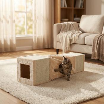 Preview: Katzenspiel- und Kratztunnel aus Stoff und Sisal - Entdecker & Spielspass für Katzen - Zwei Kratzwürfel - 29x29x106cm - Beiges Versteck für Haustiere