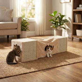 Preview: Katzenspiel- und Kratztunnel aus Stoff und Sisal - Entdecker & Spielspass für Katzen - Zwei Kratzwürfel - 29x29x106cm - Beiges Versteck für Haustiere