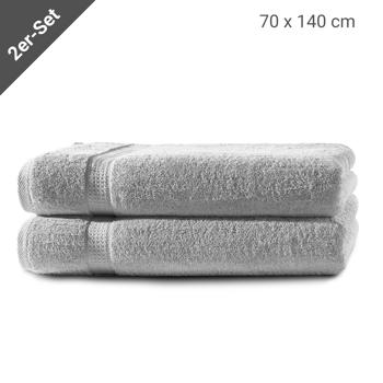 Preview: set di 2 asciugamani da doccia, 100% cotone di lusso, con 2 bordi, argento, 70 x 140 cm