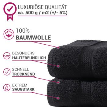 Preview: 2er-Set Duschtücher Schwarz - 100% luxuriöse Baumwolle, 70x140 cm, 2 Bordüren - Kuschelweich, saugstark, OEKO-TEX Standard 100