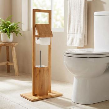 Moderne Bambus WC-Garnitur - Toilettenpapierhalter mit Klobürstenständer - Kein Bohren - Hygienisch, feuchtigkeitsresistent - 82x36x21cm