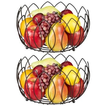 set di 2 cesti di frutta a forma di foglia, fruttiere in metallo, nero, ciascuno 13 x 27 cm