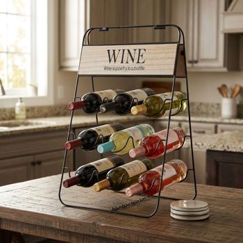 Portabottiglie in metallo – supporto pieghevole per 9 bottiglie con targhetta decorativa “Wine” – Pratica conservazione del vino – 49×26×30 cm – Nero/Marrone