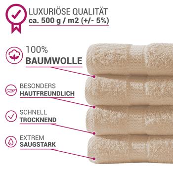 Preview: 2er-Set Duschtücher Beige - 100% luxuriöse Baumwolle, 70x140 cm, 2 Bordüren - Kuschelweich, saugstark, OEKO-TEX Standard 100