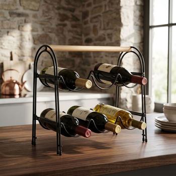 Casier à vin en métal & bois pour 6 bouteilles – support à bouteilles noir/marron élégant – durable, résistant & peu encombrant – 14 x 27,5 x 32,7 cm