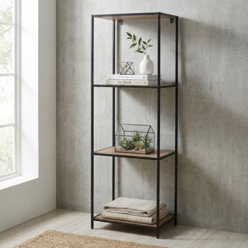 Preview: Robusto scaffale in metallo, nero, con 4 ripiani in legno chiaro, 45x30x130 cm - Scaffale moderno per soggiorno, ufficio e altro ancora