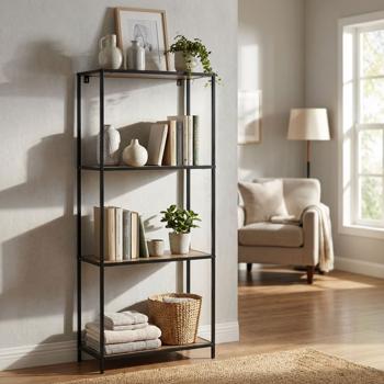 Metall Standregal - 4 helle Holz-Regalebenen - Modernes Industrial Design für Wohnzimmer, Büro & Schlafzimmer - 45x30x130cm