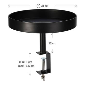 Preview: Tavolino d’appoggio a morsetto – Rotondo, nero, Ø 28 x 26 cm – Pratico tavolino per balcone & tavolo per piani fino a 6,5 cm di spessore – Metallo robusto, resistente alle intemperie