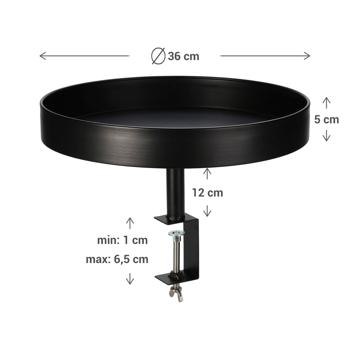Preview: Klemm-Tisch Rund Schwarz Ø36cm - Flexibler Beistelltisch zum Anklemmen für Balkon & Tisch - Metall, wetterbeständig, bis 6.5cm Plattenstärke