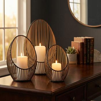 Kerzenhalter 3er-Set Metall - Ovales Windlicht Set mit Streben - Schwarz-Gold - Modernes Design für Teelichter & Duftkerzen - 11-19x11-16x15-27 cm