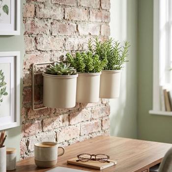 Preview: Support de pots de fleurs en métal – Fixation murale pour 3 pots – Robuste, résistant aux intempéries, beige – Gain de place et décoratif pour jardin, balcon, clôture – 12 x 14 cm
