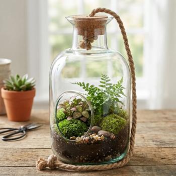 Terrario per piante con tappo in sughero e corda – giardino in bottiglia per mini‑giardino senza pollice verde – terrario in vetro 14x25 cm con apertura laterale