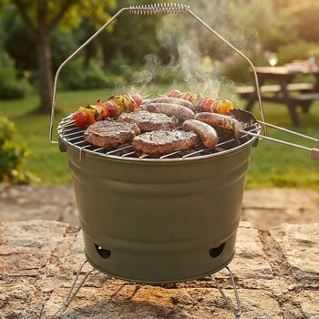Barbecue au charbon de bois en métal, barbecue de balcon avec anse, noir mat, argenté, 34 x 20 cm