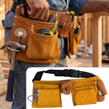 Ceinture porte-outils en cuir robuste – Tablier porte-outils avec poche à clous, porte-marteau & poches à outils – Brun – Pour artisans & projets DIY