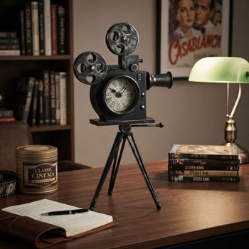 Filmkamera Standuhr Retro Design - Dekouhr für Filmfans & Cineasten - Metallgehäuse-Glas-Uhrwerk - Schwarz - H 53 cm