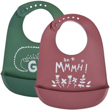 lot de 2 bavoirs bébé en silicone avec réceptacle, vert/rouge, crocodile/fleurs