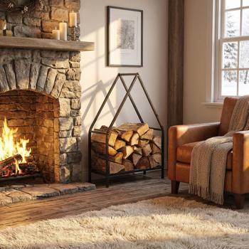 Preview: Porta legna da ardere in metallo “House“ (50x32x80cm): porta legna da ardere nero, elegante porta legna da ardere, porta legna da ardere decorativo