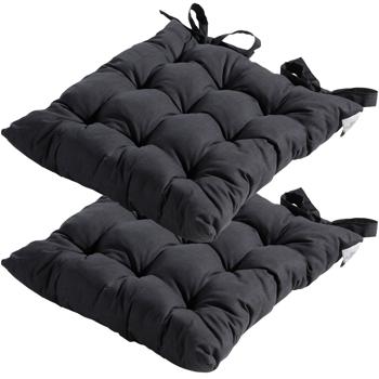 Lot de 2 coussins de chaise matelassés 46 x 46 cm noirs – Coussins d’assise confortables pour chaises de cuisine et de jardin – Épaisseur 8 cm – Protection UV – Avec liens de fixation