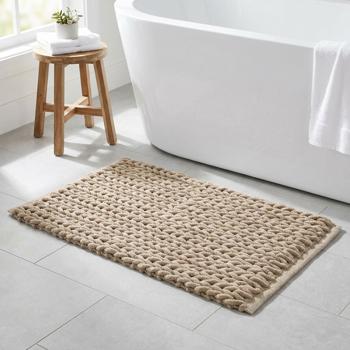 Tapis de bain premium 80x50 cm sable – tapis de douche moelleux aspect tricot en relief – tapis de bain antidérapant en mélange de coton