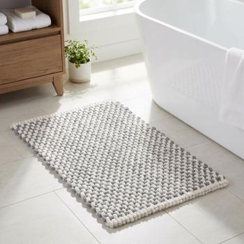 Tapis de bain 80x50 cm gris-blanc - tapis de douche doux en tissu chenille au look tricot - tapis de bain antiglisse avec part de coton