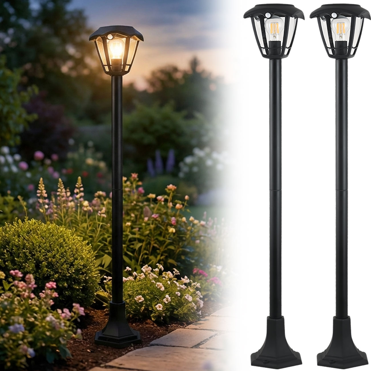 2er-Set Solar Gartenlampe mit Bewegungsmelder, 16,6 x 16,6 x 111,5 cm