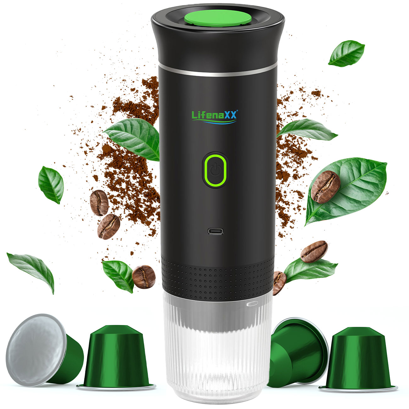Espresso To Go Akku-Kaffeemaschine, für Kapsel und Pulver, schwarz