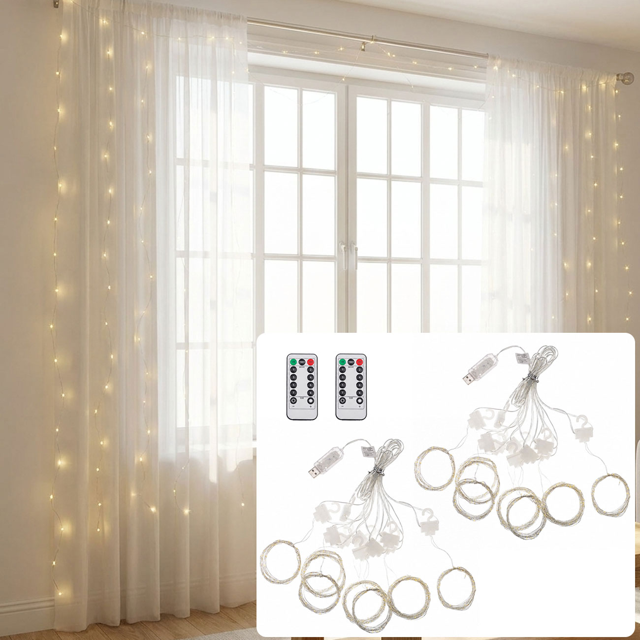 2er-Set LED-Lichtervorhang mit Fernbedienung, warmweiss, 300 LEDs, USB, 3x3m