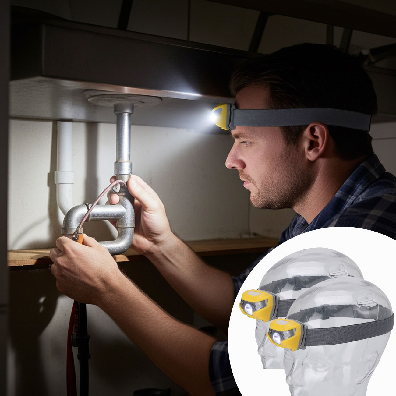 2er-Set LED-Kopflampe, USB, aufladbar, Stirnlampe, grau/gelb