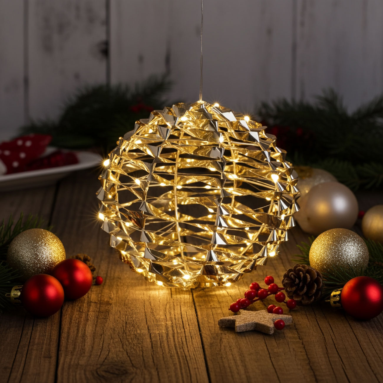 Weihnachtskugel mit 60 warmweissen Micro-LEDs, Goldfarben,  Ø 25 cm , IP20