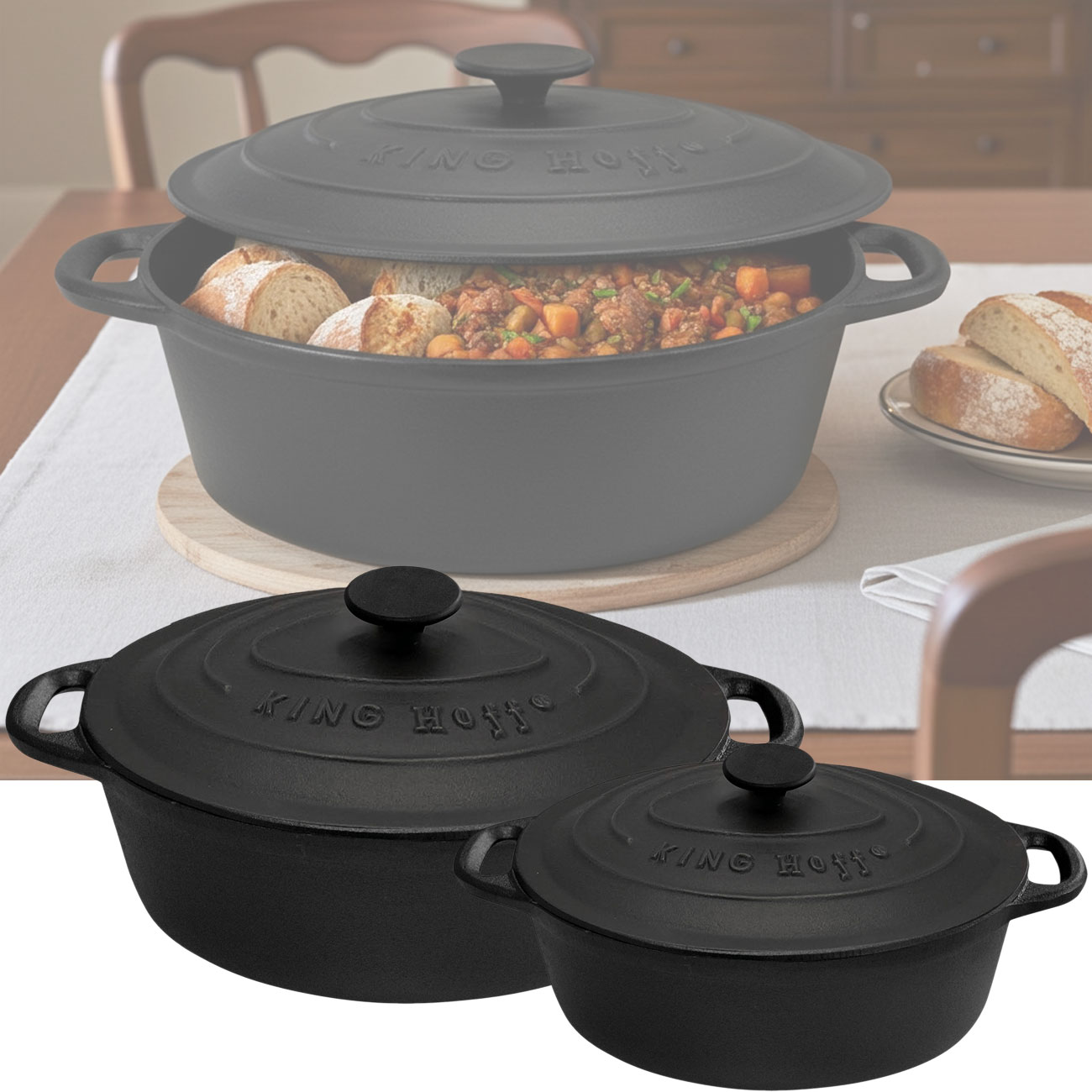 2er-Set Gusseisenbräter mit Deckel, oval, 4,5L und 6,2 L