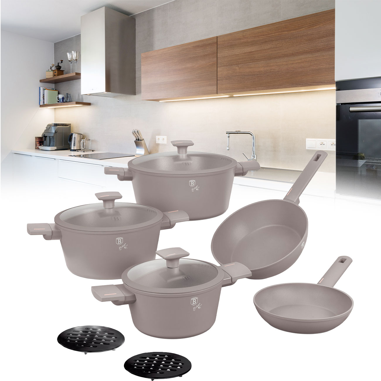 Design Kochset inkl. Untersetzer, 10-teilig, taupe