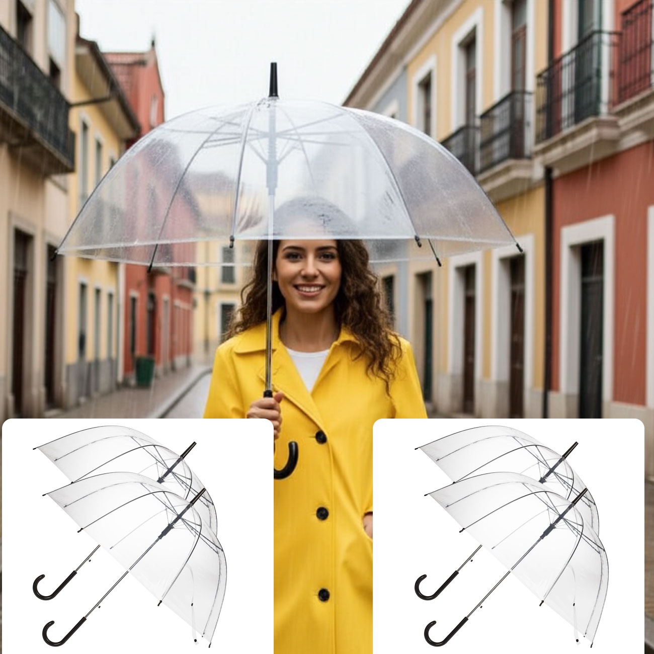 4er-Set Regenschirm mit Automatiköffnung, transparent, Ø 85 cm