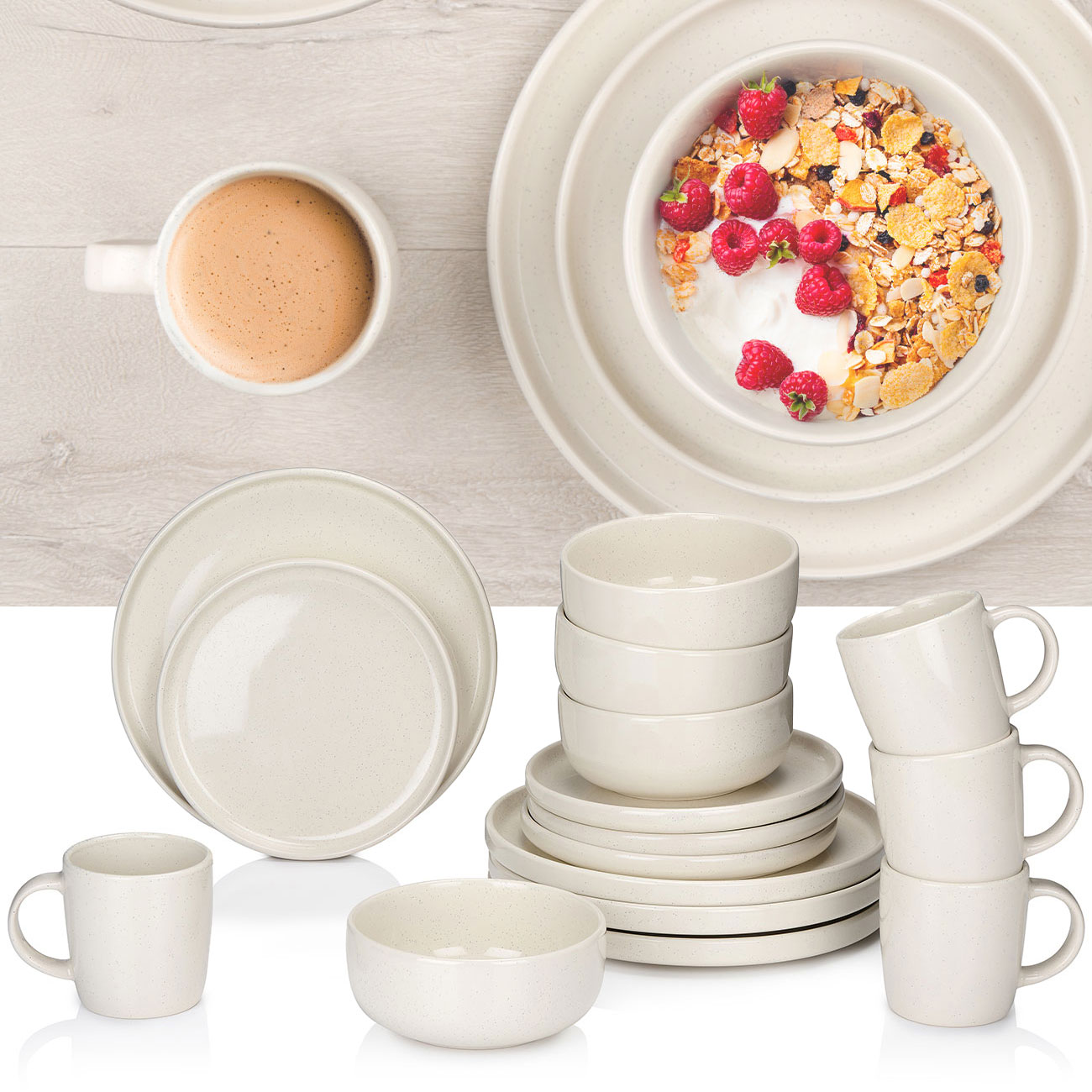 Geschirr-Set aus Steingut, 16-teilig, creme