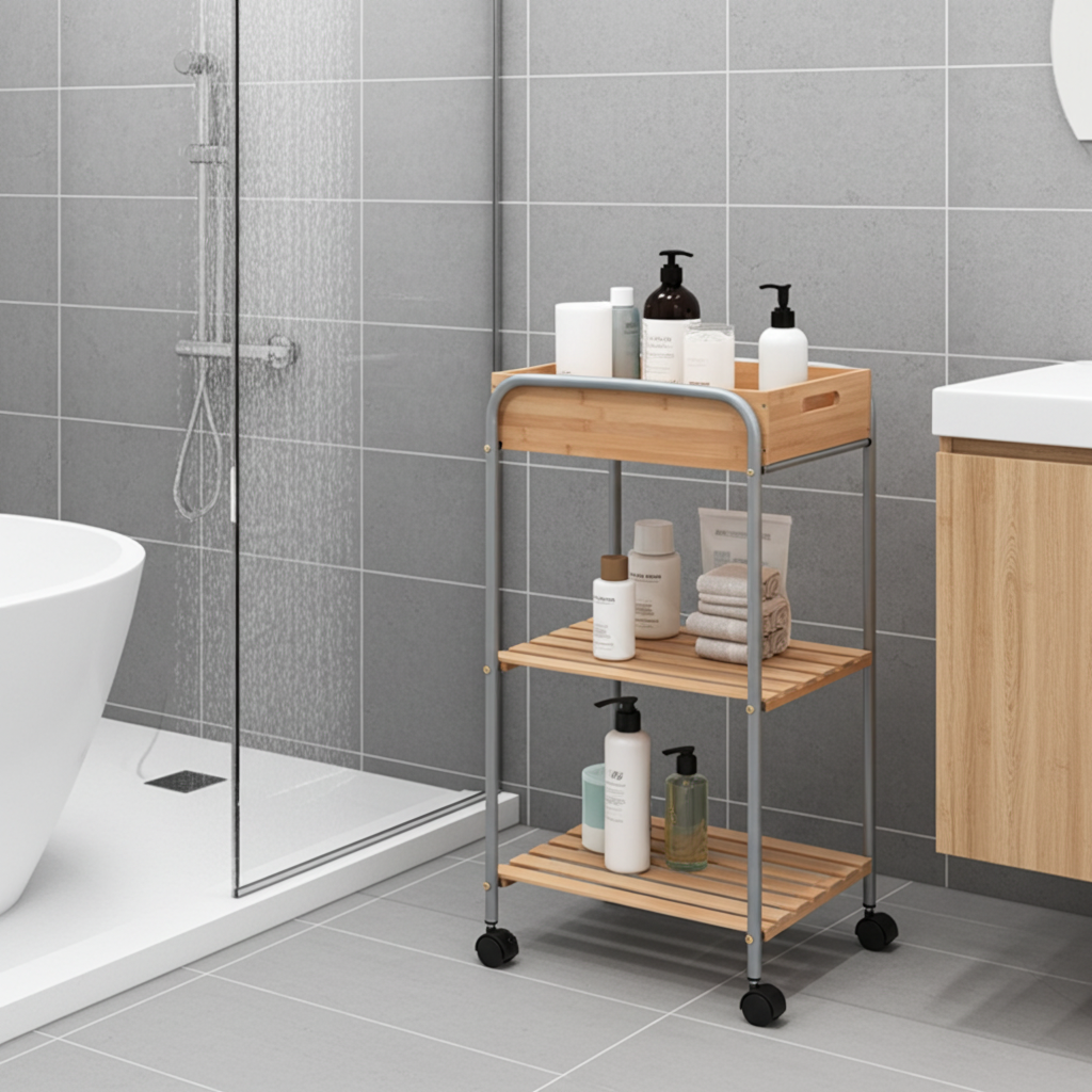 Badezimmer-Trolley, Bambus & Metall, 4 Rollen, Kiste zum Abnehmen, 30 x 40 x 81 cm