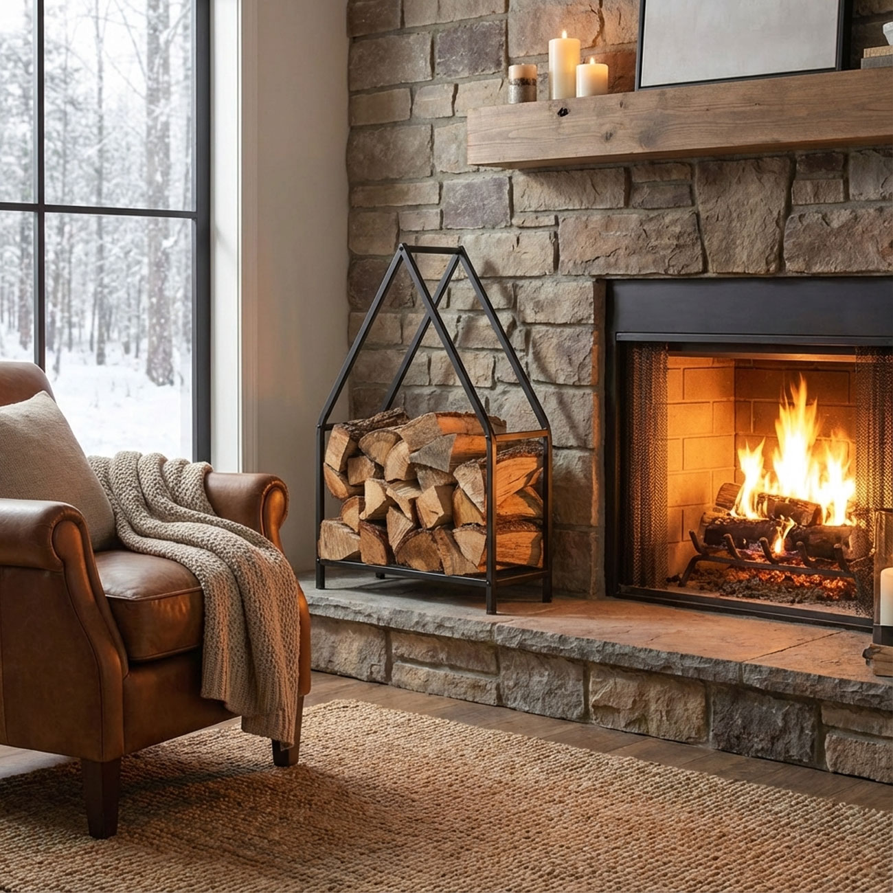 Kaminholzregal aus Metall, Kaminholzständer Haus, schwarz, 50 x 32 x 80 cm