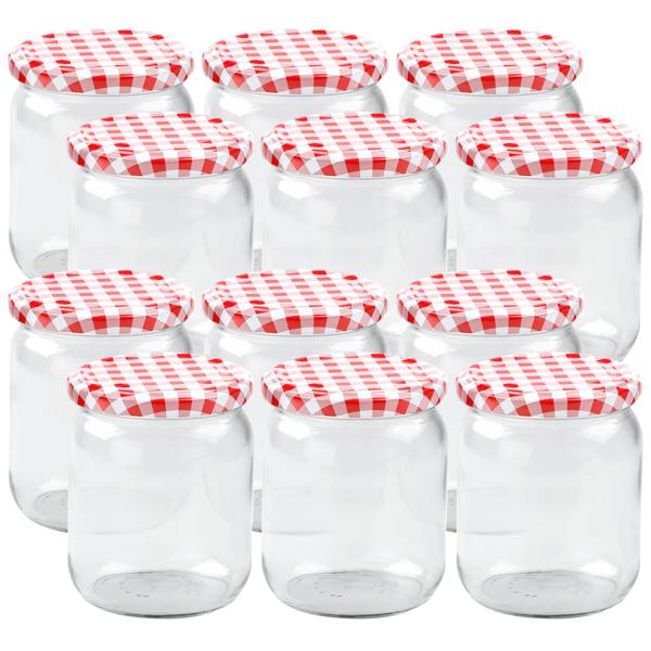 Set Di 12 Barattoli Per Marmellata 540 Ml – Vetro Con Coperchio A Quadretti Rossi E Adesivi