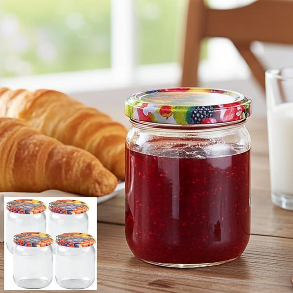 set di 4 vasetti per conserve - 540 ml con coperchio a vite (motivo frutta) - Pratici vasetti da muratore ideali per conservare la marmellata e come vasetti di stoccaggio